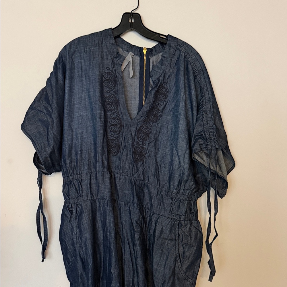Stylish Blue Denim romper with Black Embroidery